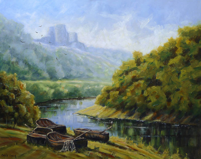 A painting print of fishing coracles on the river Teifi in west Wales with Cilgerran castle in the background
