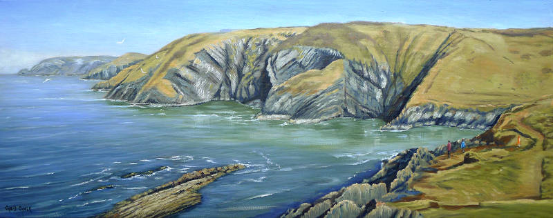 A oil painting of Ceibwr Bay with the sea and the folding rock formations in Pembrokeshire