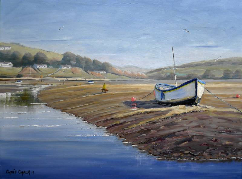 A fishing boat Welsh art print of a old wooden rowing boat at low tide on the river Teifi