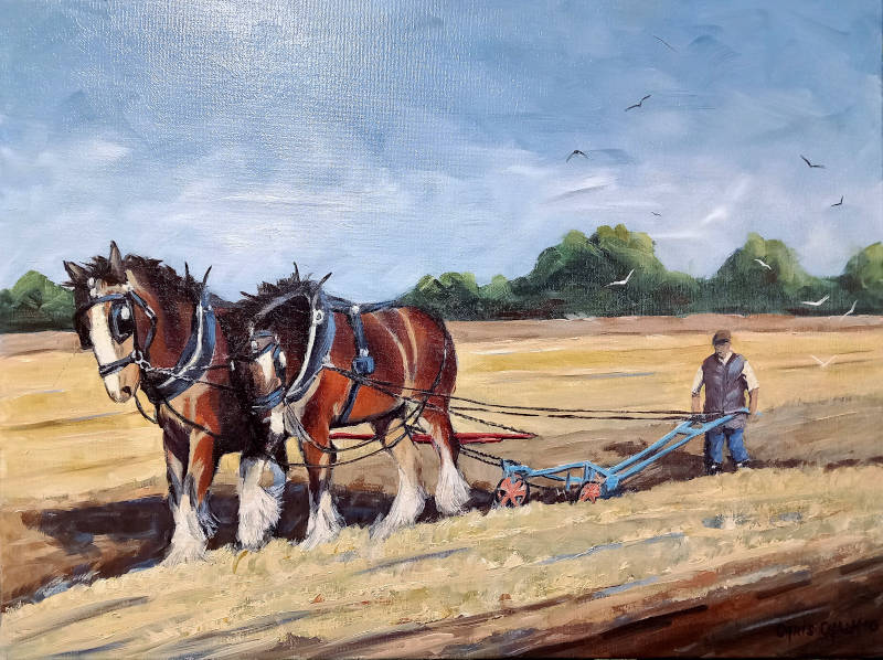 A painting of two horses ploughing a field with the farmer behind guiding them.