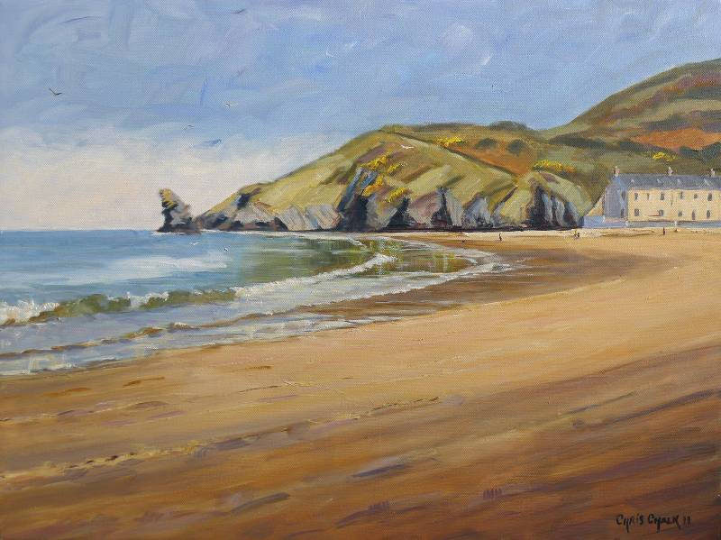 A Llangrannog beach painting print of the beach with Carreg Bica in the distance