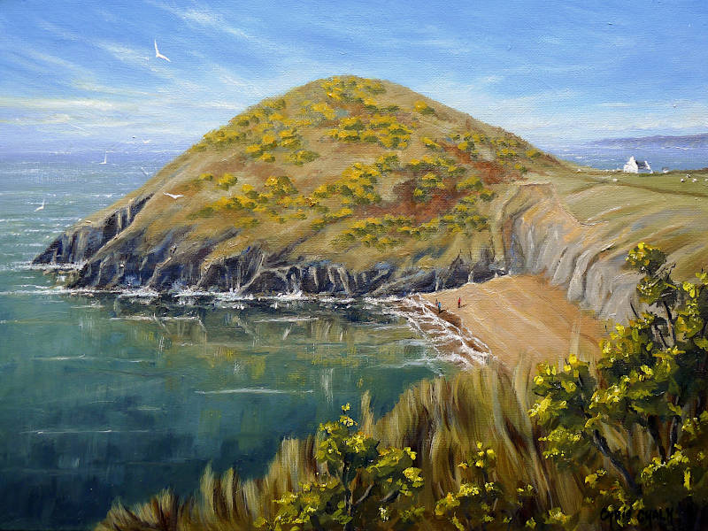 A landscape art print of Mwnt beach in west Wales looking north at the beach and church and to north Wales beyond painted in Autumn colours
