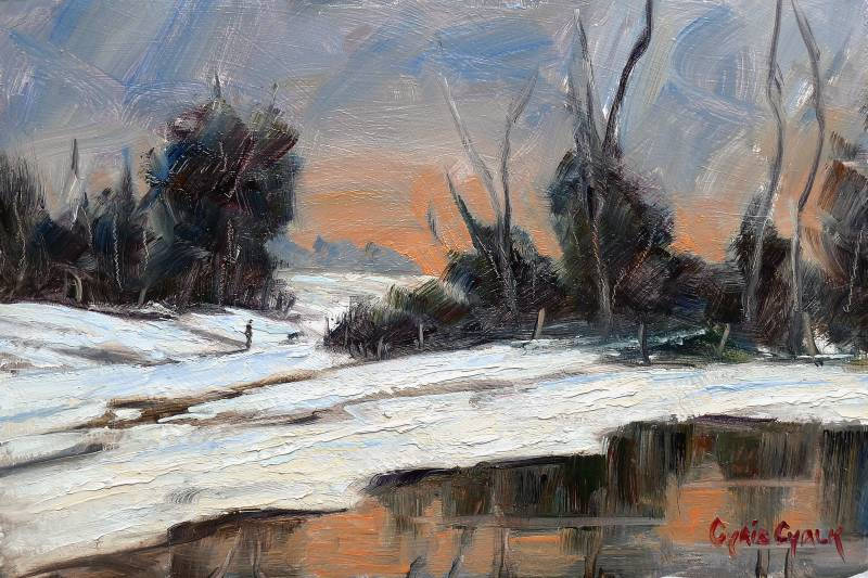 A wintery snowy landscape painting with a small stream and pond in the foreground and snow on the ground