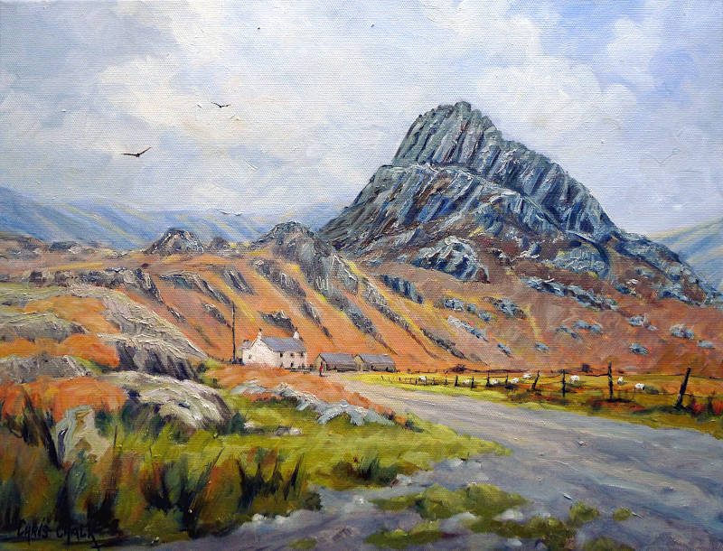 A art print of Tryfan mountain in Snowdonia with a small farmhouse at it's base.