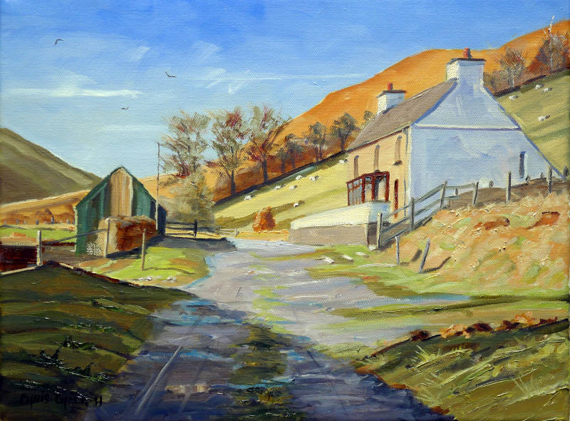 A Welsh print of Ty'n Cornel hostel in the Cambrian Mountain landscape