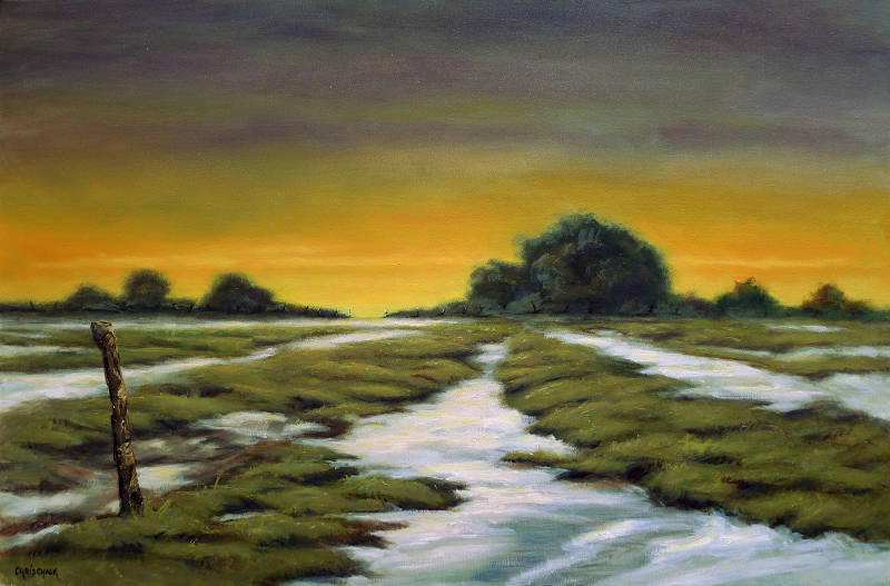 A Welsh oil painting of a winter morning with a beautiful sunrise and ice on the ground