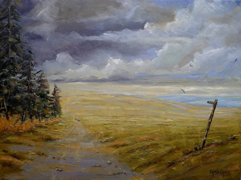 A Welsh painting of the view across the Presli mountains with a forest on the left and the path leading across the hills