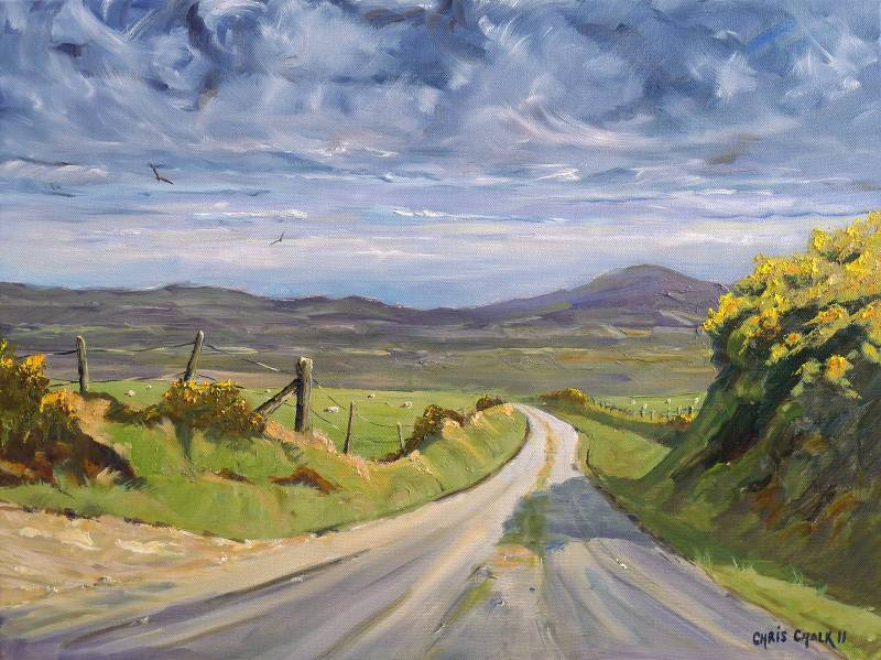 A welsh art print of west Wales with a view looking across farmland towards a mountian in the distance.